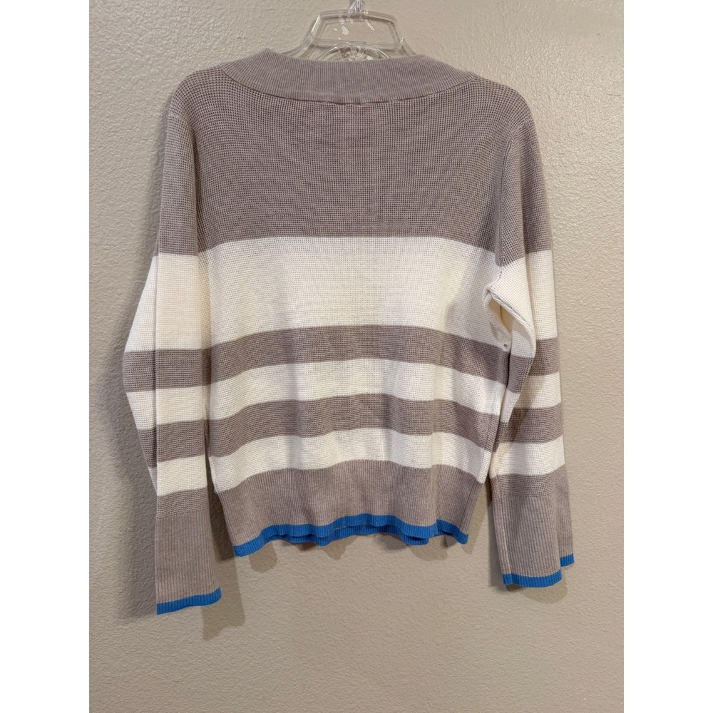 Cyrus Womens Striped Scoop Neck Sweater Taupe White Blue Trim C082417 Large - Picture 4 of 4